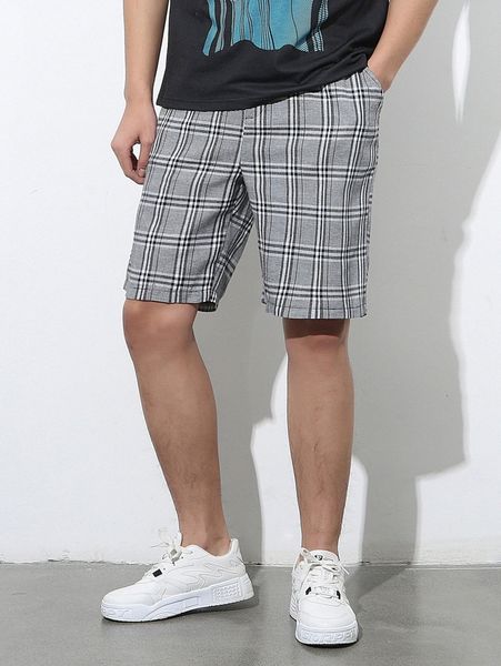 

men plaid slant pocket drawstring waist shorts 748b#, White;black