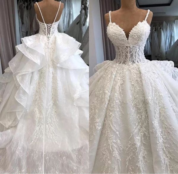 

luxury ball gown wedding dresses with 3d floral lace applique ruffles beaded sweep train spaghetti straps custom made dubai vestidos de novi, White