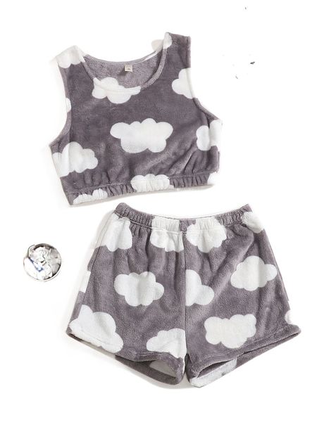 

cloud print flannel tank pj set k7di#, Black;red