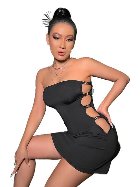 

buckle detail cut out side backless tube dress 084w#, Black;gray