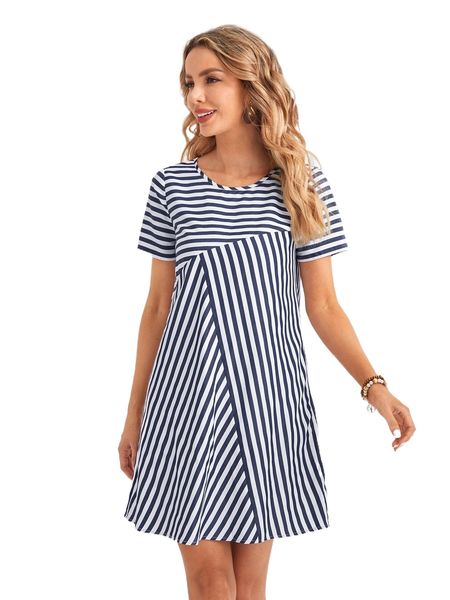 

emery rose striped round neck tunic dress 73pg#, Black;gray