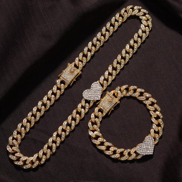 

chains 2pc/set rapper full heavy heart-shaped cuban link bracelet iced women for men necklcae chain prong pave luxury hiphop jewelry czchain, Silver