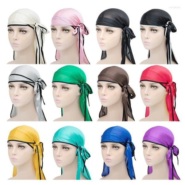 Männer und Frauen Nachahmung Seide Long Tail Tam-O'-Shanter Streamer Silky Durags Großhandel Stain Bonnet Beanie/Skull Caps Oliv22