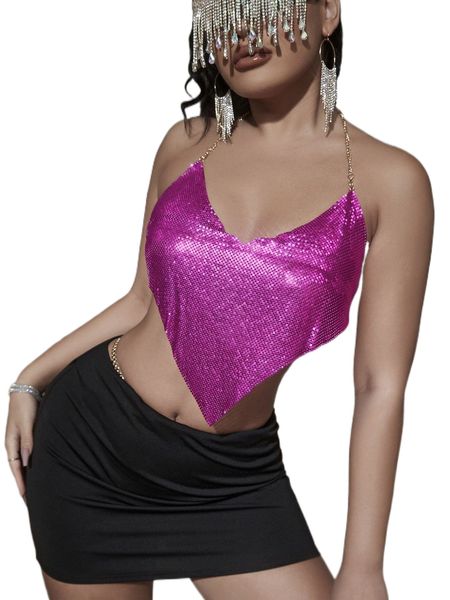 

chain strap bandana hem backless crop metallic halter x0yh#, White