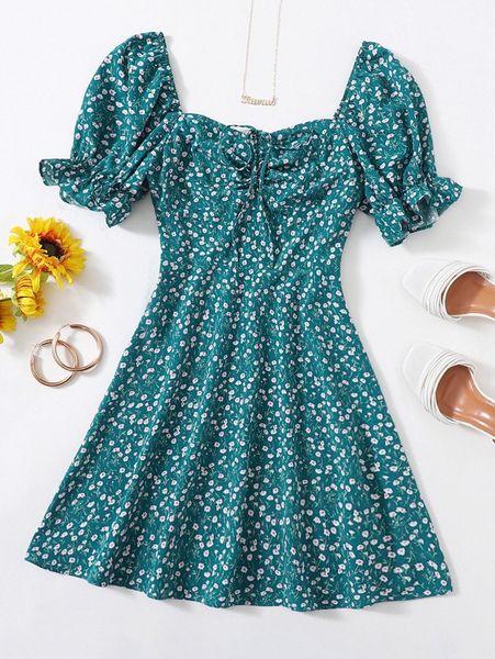 

drawstring knot ruched front ditsy floral dress j0oj#, Black;gray