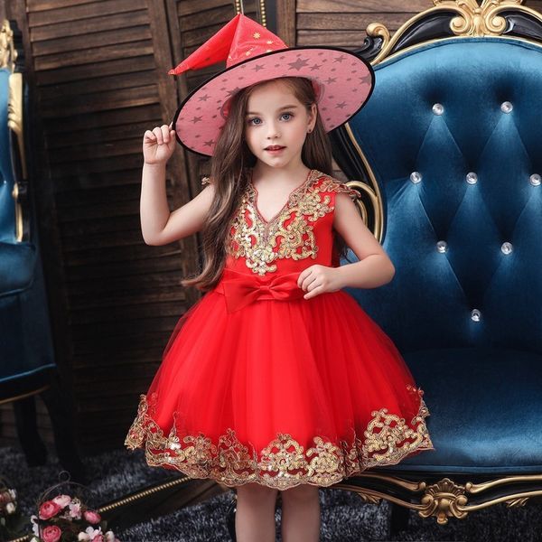 

european american childrens dress princess dress yellow sequ highend christmas vneck girls dress kids party clothes 220614, Red;yellow