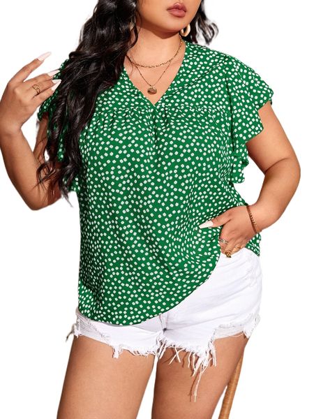 

plus ditsy floral ruffle trim blouse k4na#, Black