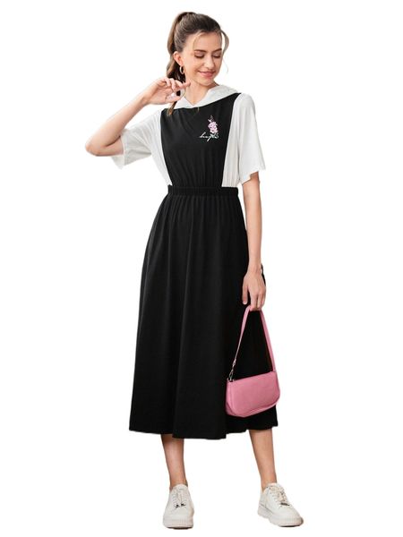 

letter & floral print colorblock hooded 2 in 1 dress q0zv#, Black;gray