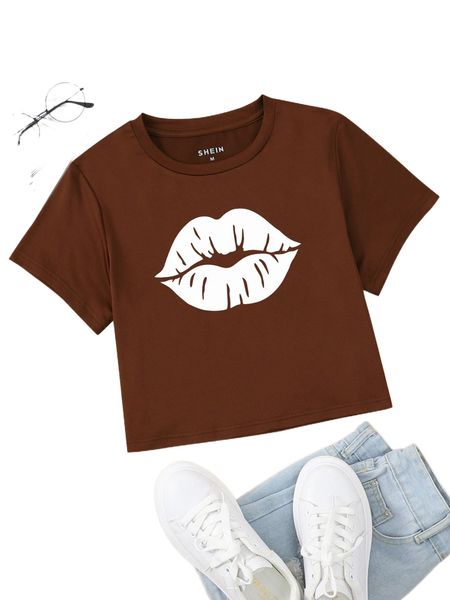 

lip print round neck tee p4yl#, White