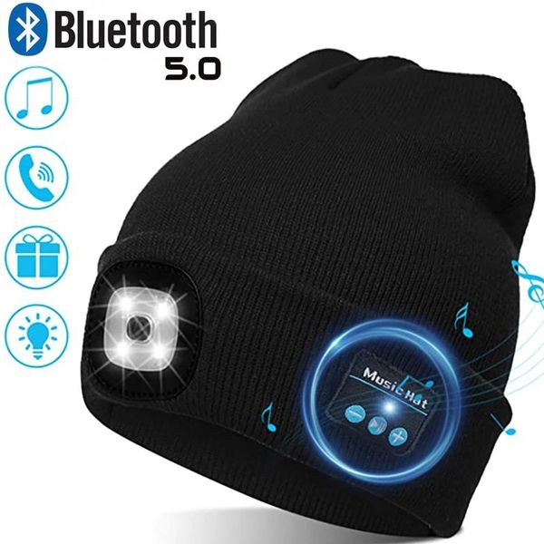 Warm Beanie Bluetooth 5.0 LED-Mütze, kabellose Stereo-Kopfhörer, Headset, Musik-Player mit Mikrofon für Freisprechfunktion, Dimmen, wiederaufladbar
