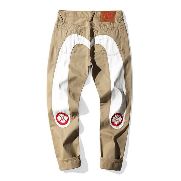 

liu fushen pants men's loose micro cone large white  stitched cherry blossom embroidery student casual pants large comfortable, Blue