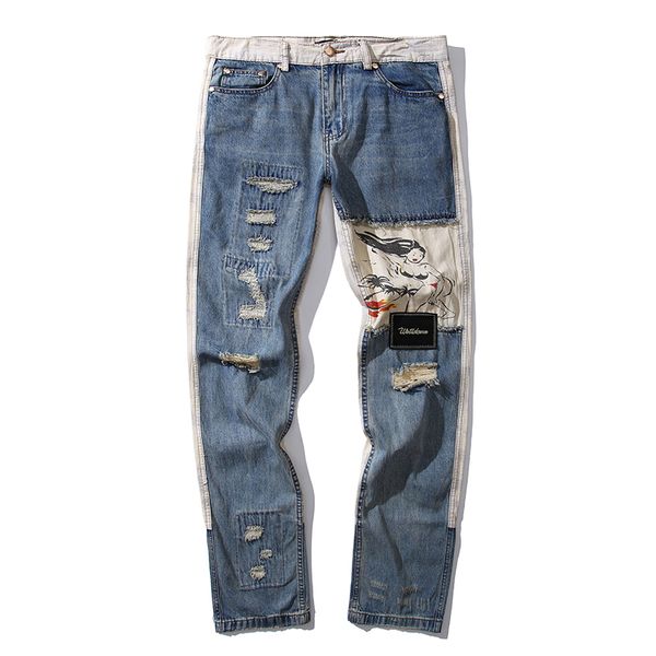 

pants old blue denim high street men women slim multi-pocket trousers patchwork jeans, Black;brown