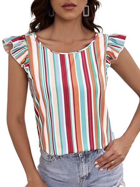 

striped colorblock ruffle armhole y5oa#, White