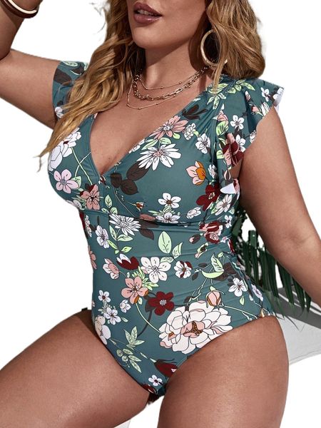 

plus floral print one piece swimsuit d3wp#, White;black