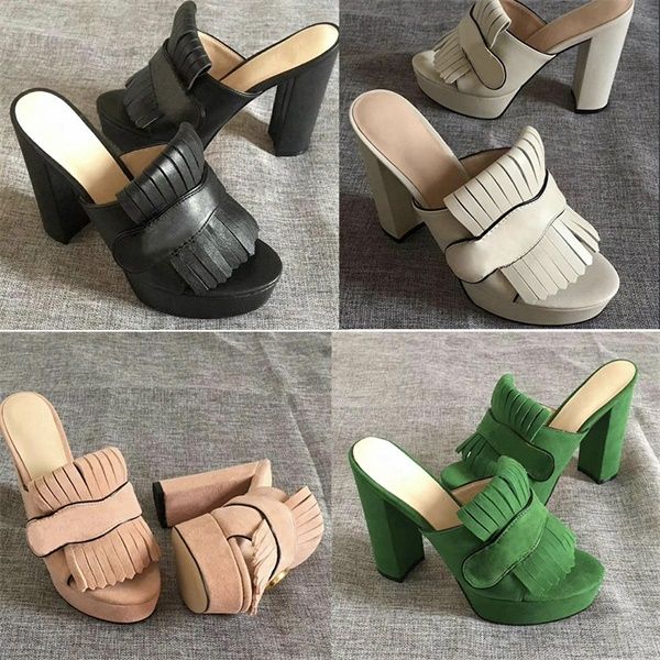 Kadın Moda Platformu Pompa Sandalet Orta Topuk Slayt Tasarımcı Sandal 100% Gerçek Deri Fringe Detay Üzerinde Katlama Parti Yüksek Topuk ile Kutusu Boyutu 42 Hayır 28