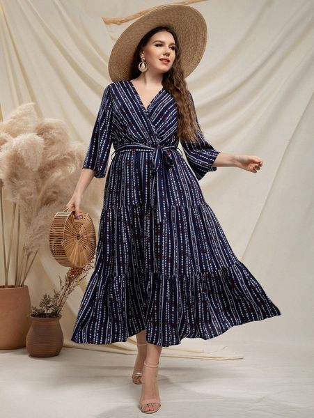 

plus geo print ruffle hem belted dress u73o#, Black
