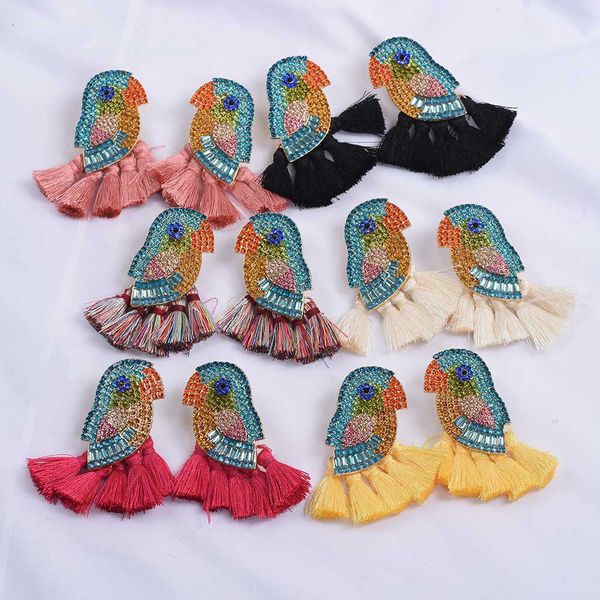Orecchini pendenti con pappagallo di cristallo Orecchini a bottone con nappe di design di lusso per le donne Dichiarazione di moda con strass completi Regali con orecchini pendenti esagerati