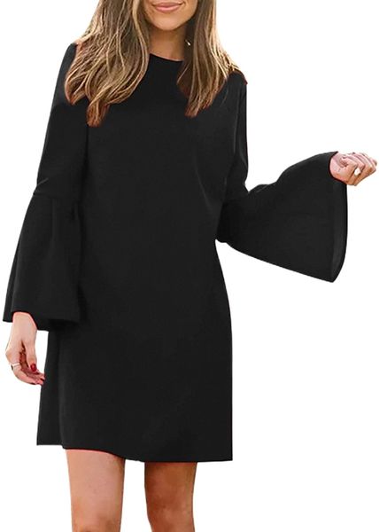 

women's dress l.ong b.ell s.leeve e.legant mini shift p.arty dress f.or curve women my049 c60a#, Black;gray