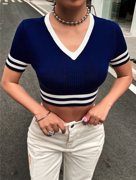

striped trim crop knit t7nz#, White;black