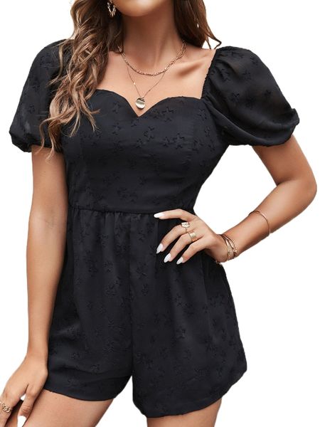 

star jacquard sweetheart neck puff sleeve romper j80f#, Black;white