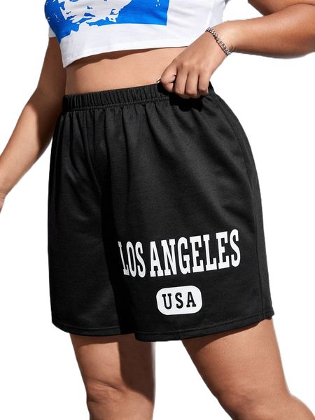 

plus letter graphic elastic waist shorts o9ks#, Black