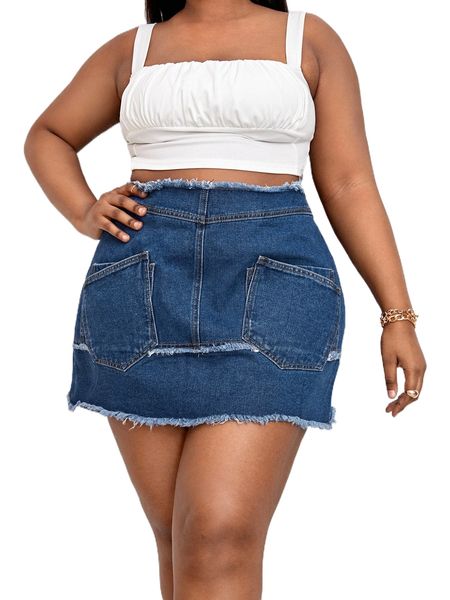 

plus raw hem zipper back denim skirt x5ix#, Black