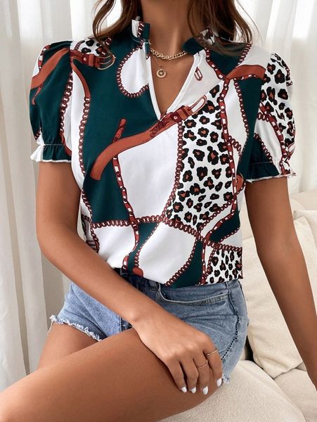 

chain print leopard blouse 91jf#, White