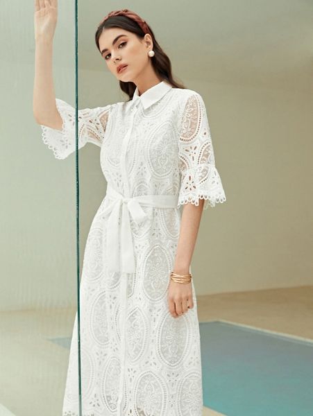 

eyelet embroidery button front belted dress 38oz#, Black;gray