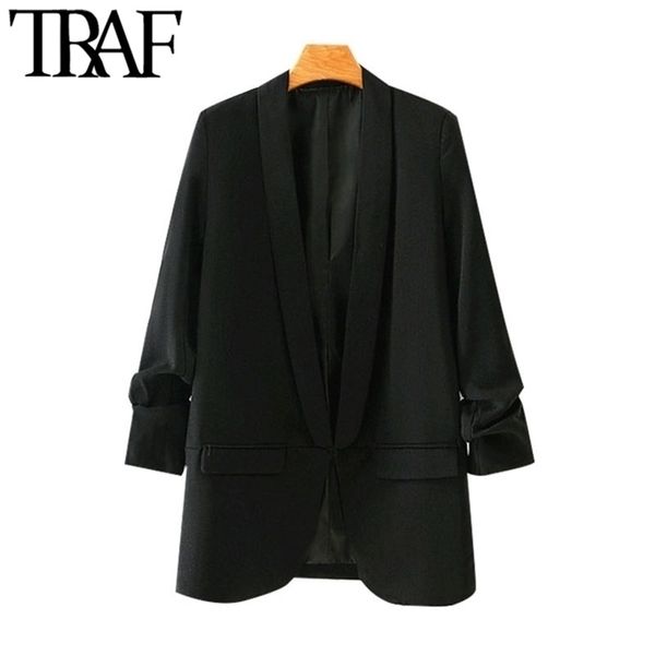 

traf women fashion office wear basic black blazer coat vintage pleated sleeve pockets female outerwear chic 220509, White;black