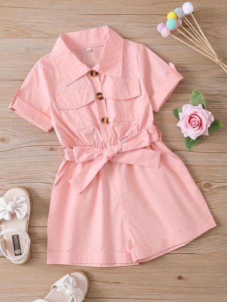 

toddler girls roll tab sleeve flap pocket belted shirt romper she, Blue