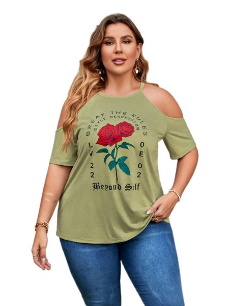 

plus rose & slogan graphic cold shoulder tee x1r2#, Black