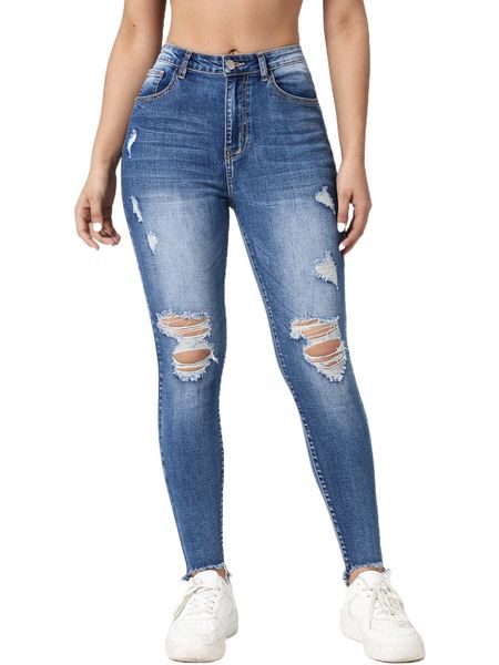 

medium washed skinny ripped jeans i029#, Blue