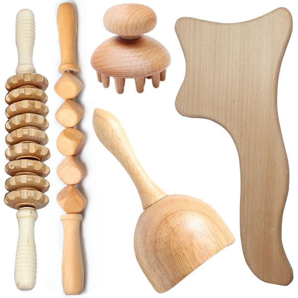 

5pcs wood therapy massage tool lymphatic drainage r anti cellulite fascia roller for full body muscle pain relief 220712