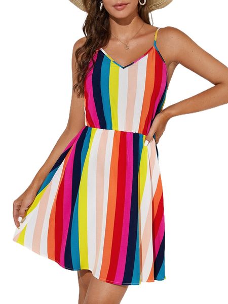 

tall rainbow striped cami dress w3u6#, Black;gray