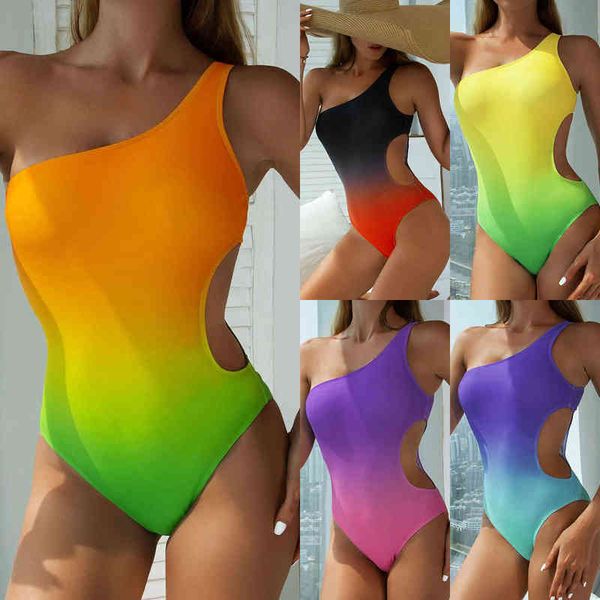 

women's 2022 swimsuit triangle one-piece tie dye gradient one shoulder hollow out bikini, White;black