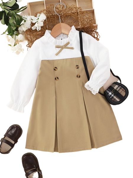 

toddler girls frill trim flounce sleeve dress l2n9#, Black;white