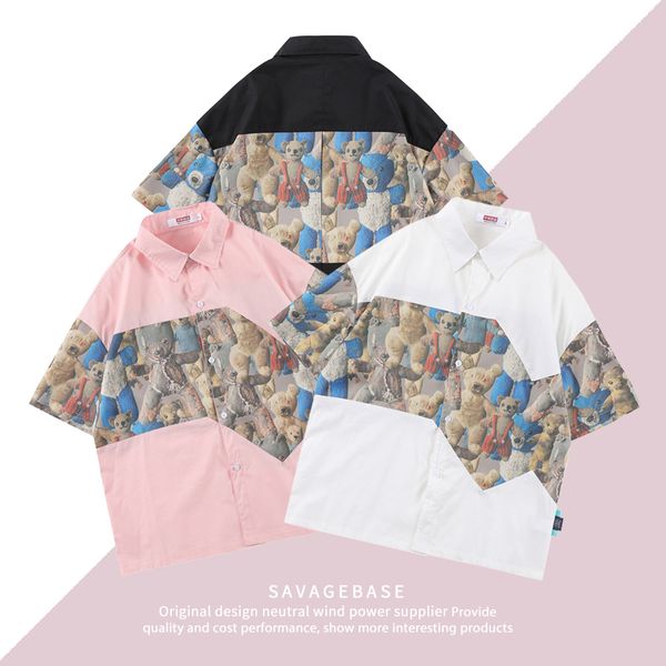

2022 new mens t-shirts summer fashion loose popular casual bear stitching print short-sleeved personality street style simple pullover cotto, White;black