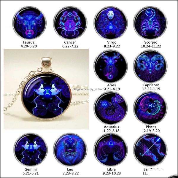 

pendant necklaces pendants jewelry fashion 12 constellation design zodiac sign horoscope astrology glass cabochon necklace for women men d, Silver