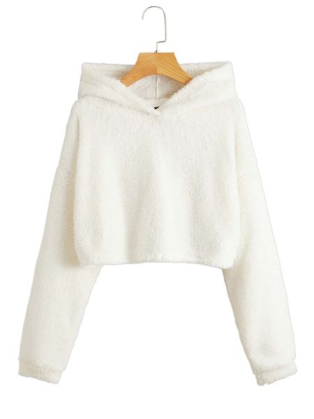 

drop shoulder crop teddy hoodie j63v#, Black