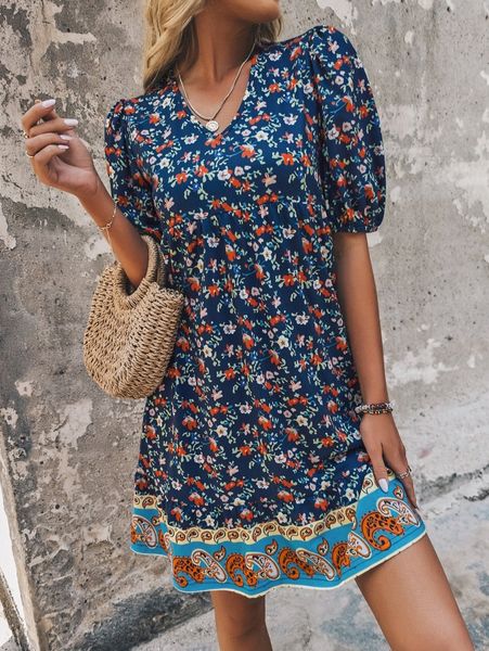 

paisley & floral print puff sleeve ruffle hem dress d9bq#, Black;gray