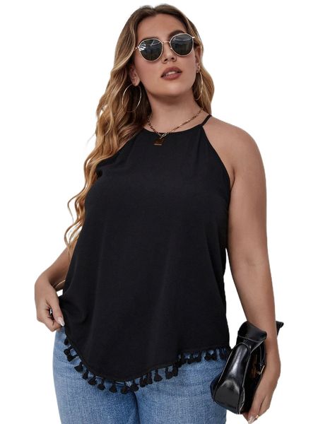 

plus tassel hem keyhole back halter j1wp#, Black