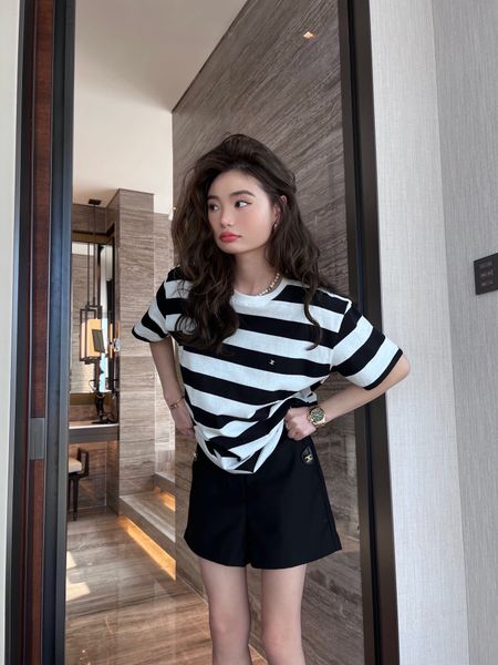 

women's t-shirt designer chaopai 22 early spring new embroidery classic stripe is timeless, versatile and good-looking casual short sle, White