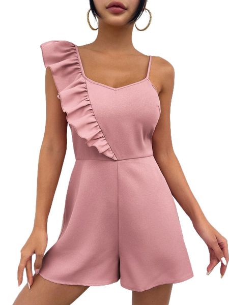 

ruffle trim asymmetrical neck romper x7i1#, Black;white