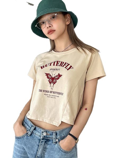 

dazy butterfly & slogan graphic raglan sleeve tee g33c#, White