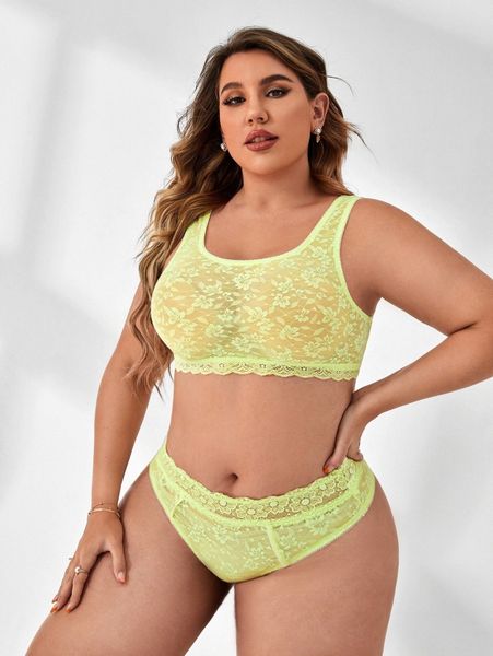 

plus floral lace scallop trim lingerie set without liner c7zf#, Black;white