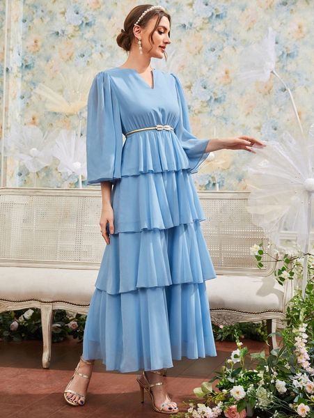 

bell sleeve layered hem dress without belt p6wg#, Black;gray