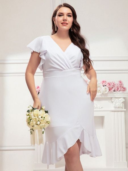 

plus ruffle trim surplice neck asymmetrical hem dress k6xn#, Black