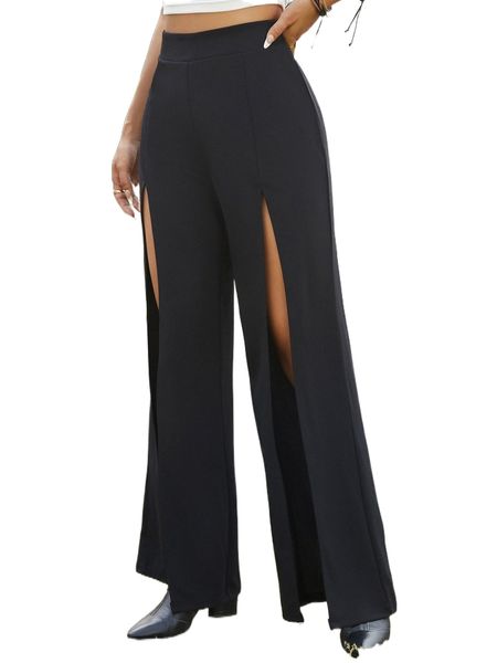 

petite split thigh solid pants o7n2#, Black;white