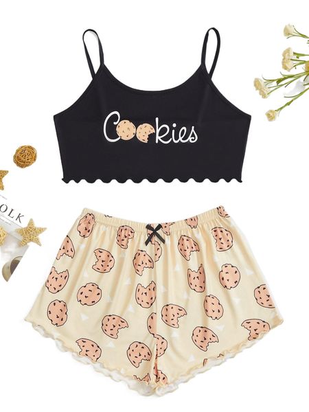

cookies & letter graphic lettuce trim cami pj set g440#, Black;red