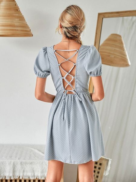 

polka dot lace up backless dress q2nm#, Black;gray